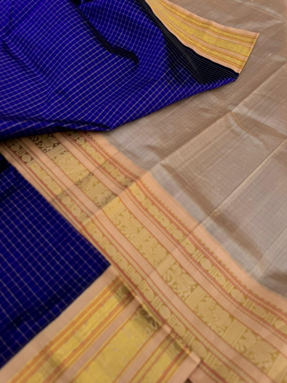 Korvai Silk Cottons - royal blue on sandal wood and podi kattam