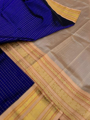Korvai Silk Cottons - royal blue on sandal wood and podi kattam