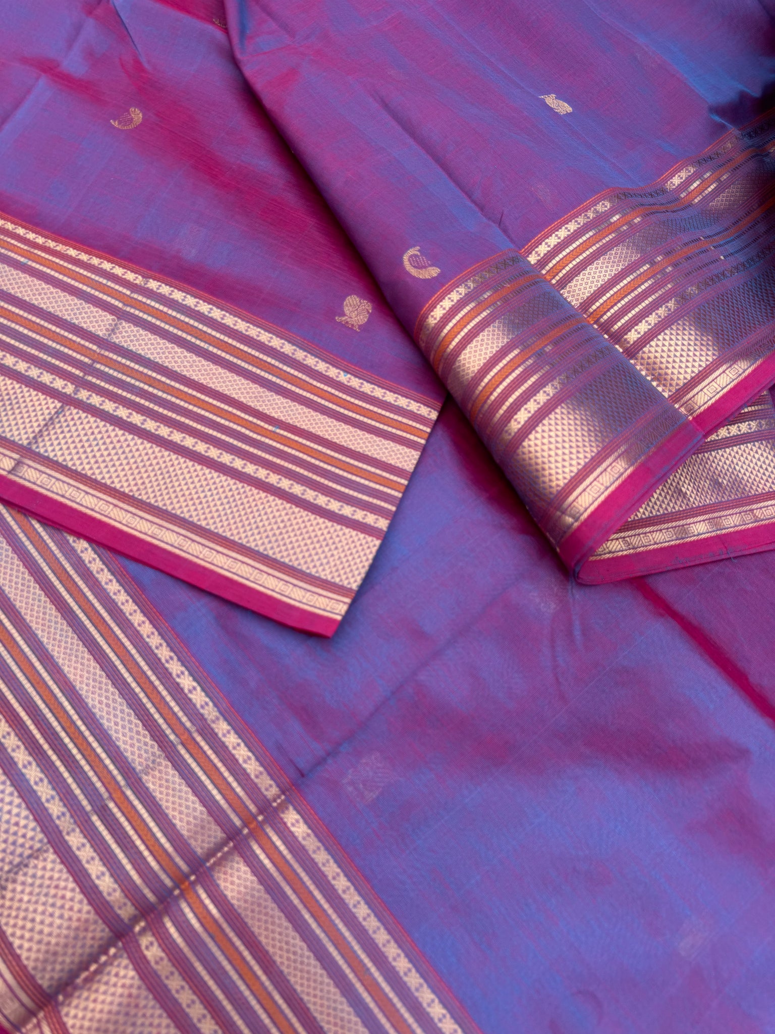 Zari Kissed Silk Cotton - gorgeous red short blue we get the most unique corner buttas