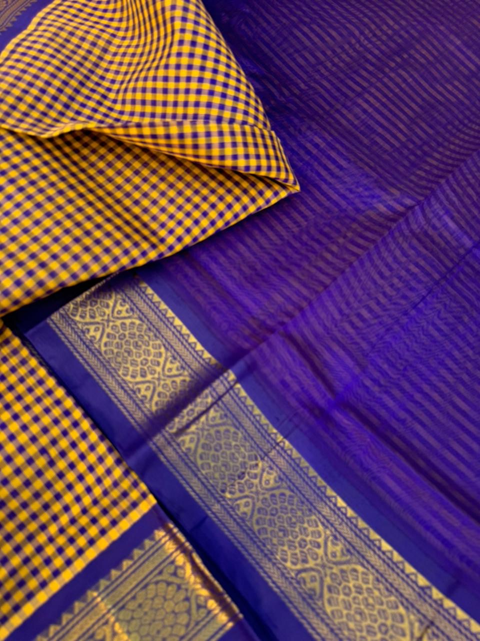 Korvai Silk Cottons - vintage style mustard and blue kottadi kattam