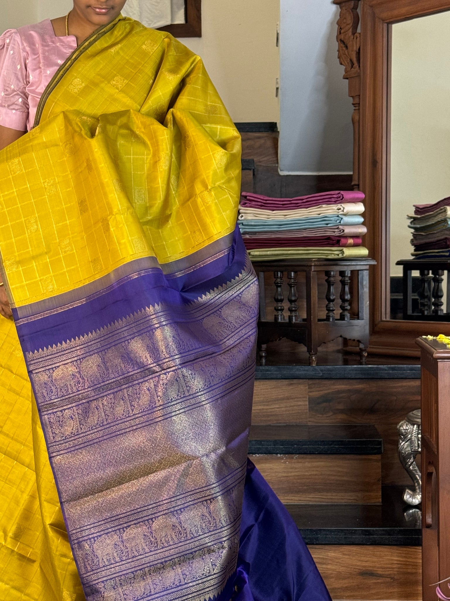 Mohaa - Beautiful Borderless Kanchivaram - a sampanga yellow and deep dark ink blue with chex woven annapakshi borders
