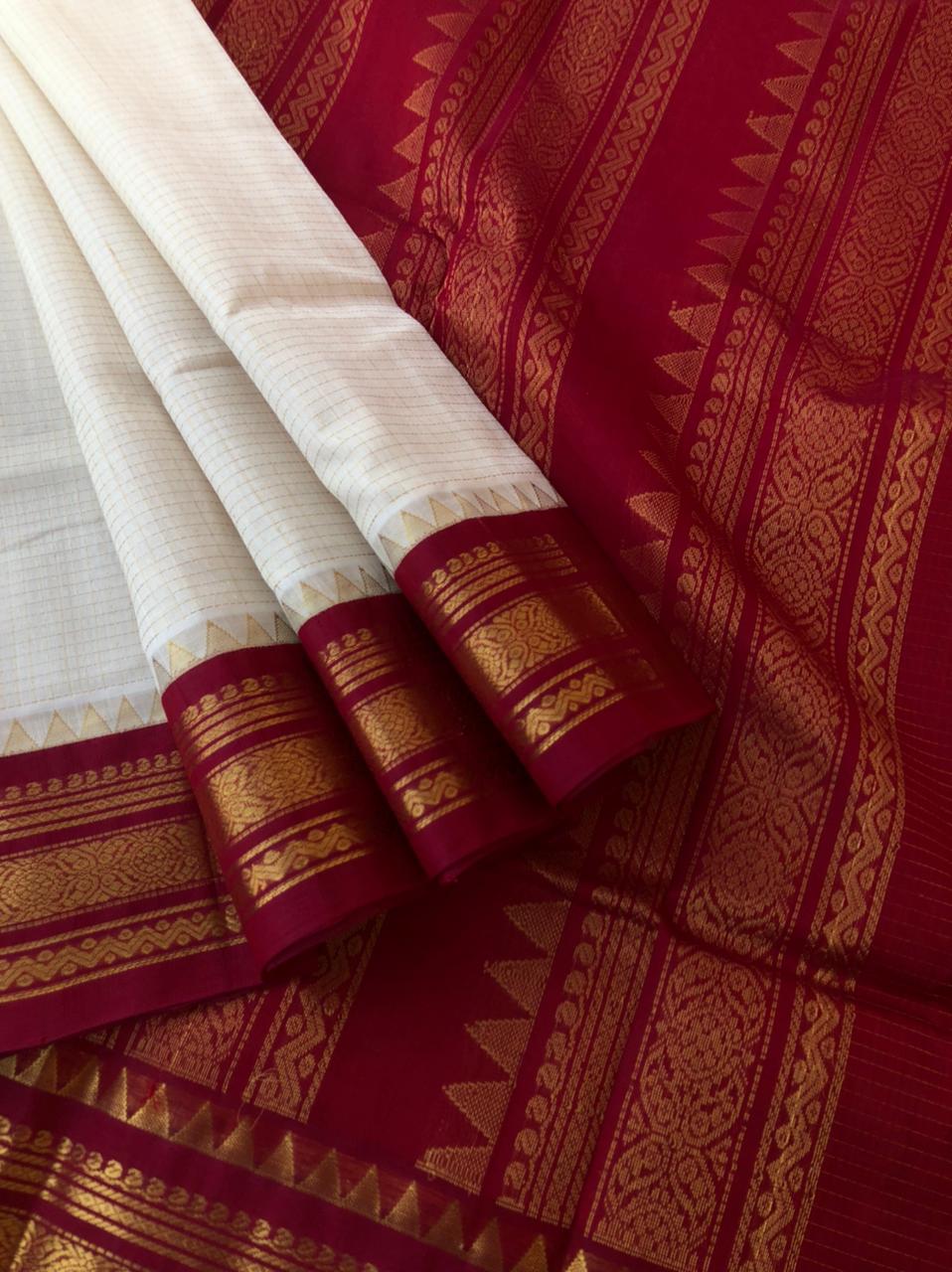 Korvai Silk Cottons - creamy off white and reddish maroon zari kattam