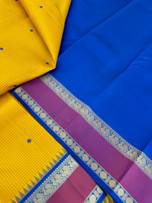 Album Untouched - stunning yellow and blue no zari Korvai Kanchivaram with podi kattam and buttas woven body