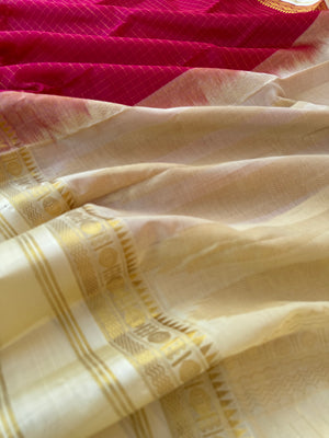 Korvai Silk Cotton - reddish pink zari kattam with off white borders