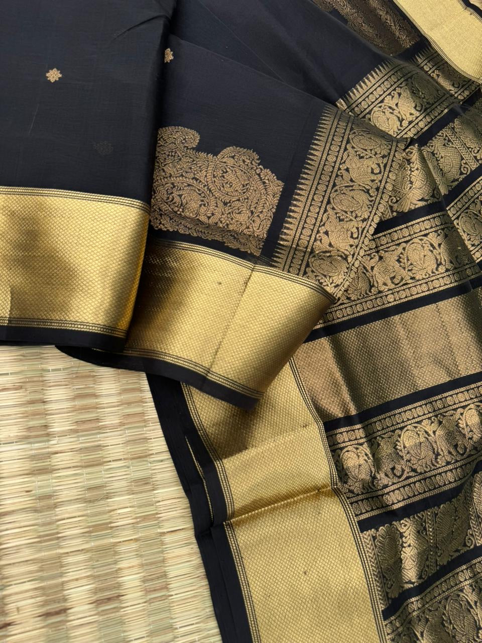 Black Edition of Zari Kissed Silk Cotton - the gorgeous grand black and gold silk cotton with corner buttas and solid borders