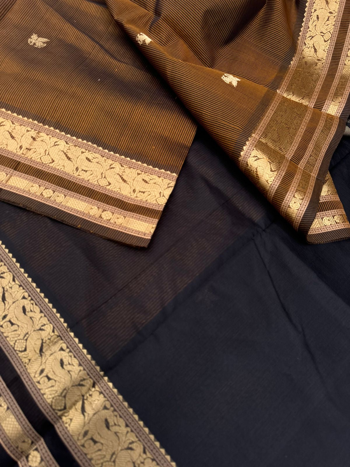 Zari Kissed Silk Cotton - deep dark black and bronze