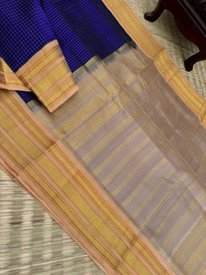 Korvai Silk Cottons - royal blue on sandal wood and podi kattam