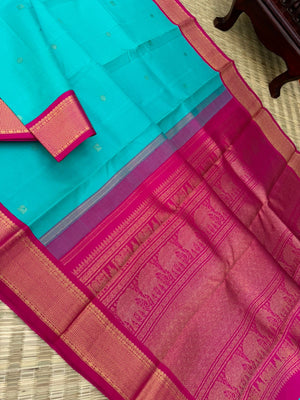 Kamakshi - Heirloom Korvai Kanchivaram - gorgeous turquoise blue and pink with aarai maadam woven borders