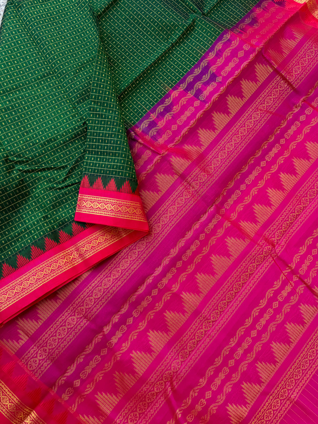 Korvai Silk Cotton - Meenakshi green and pink lakshadeepam