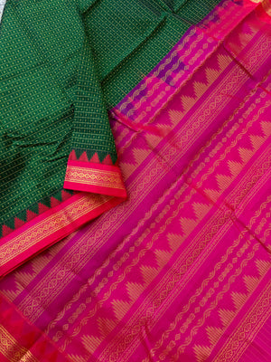Korvai Silk Cotton - Meenakshi green and pink lakshadeepam