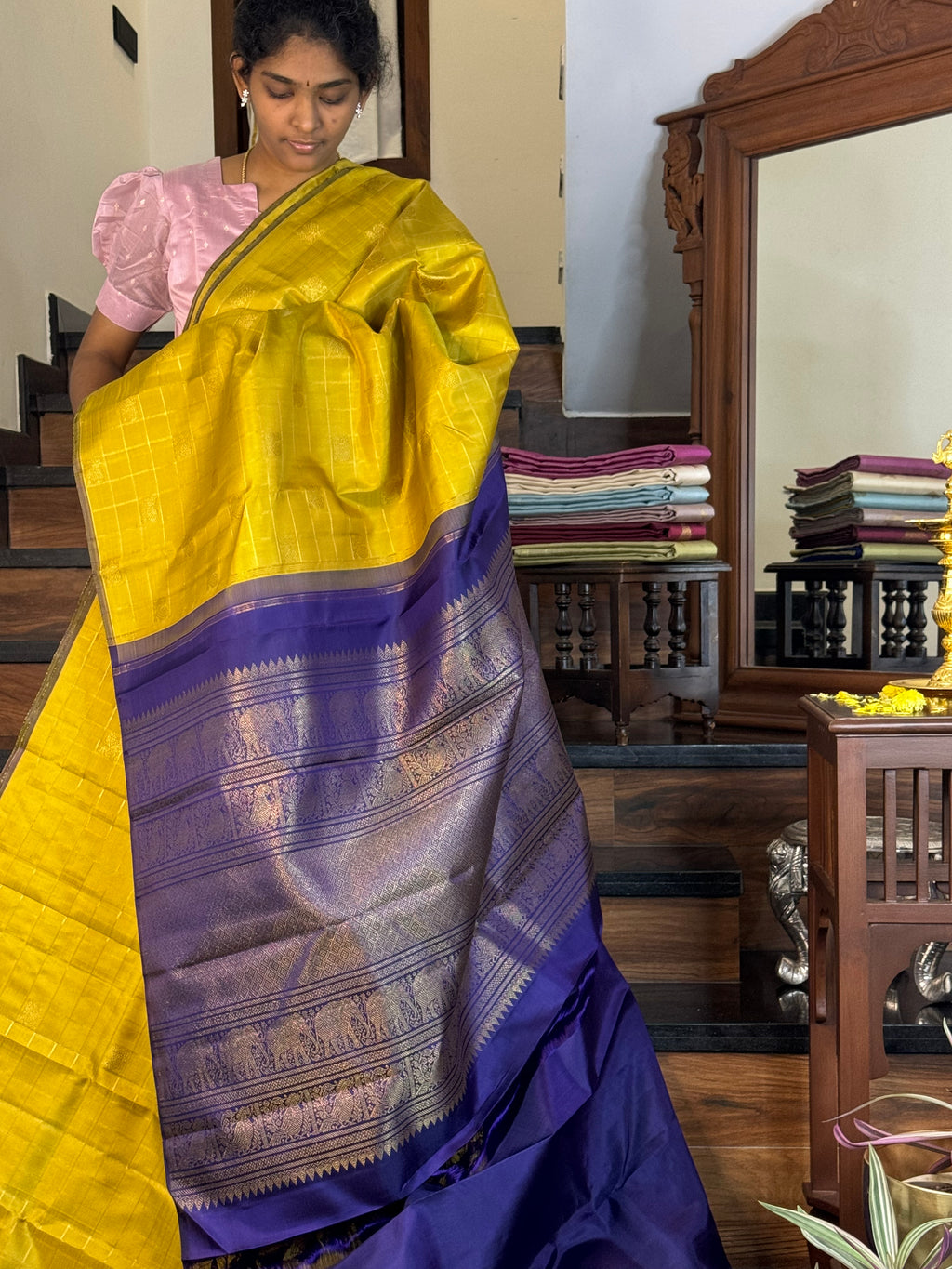 Mohaa - Beautiful Borderless Kanchivaram - a sampanga yellow and deep dark ink blue with chex woven annapakshi borders