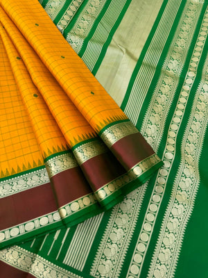 Sahasra - Most Difficult to Make No Zari Kanchivarams - stunning mustard and green with all traditional elements!!