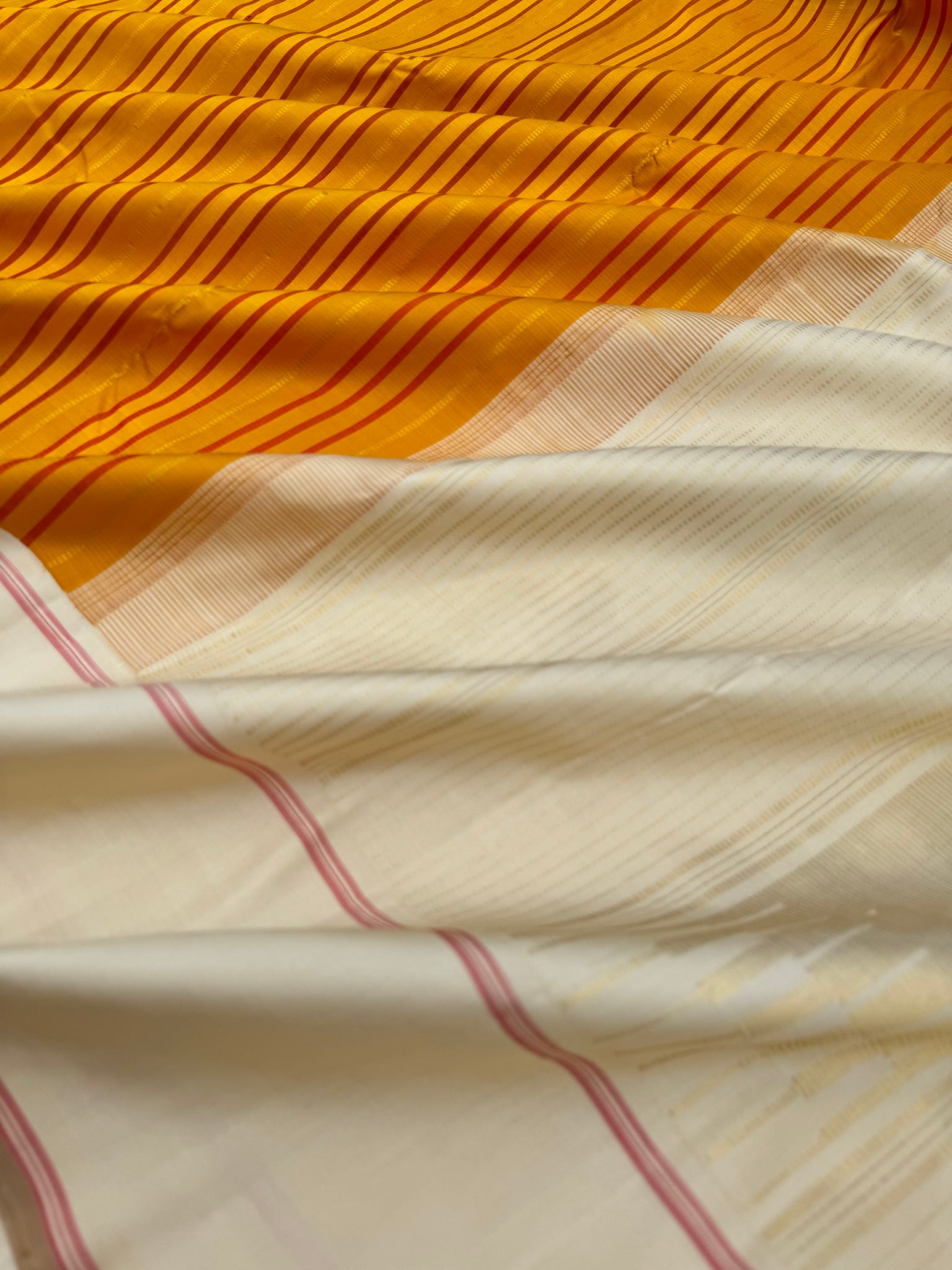 Diwali Edits - Soulful Kanchivaram - absolutely brilliant mustard with red and gold zari strips woven body with off white borders pallu and blouse