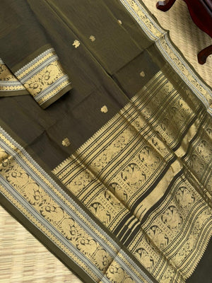 Zari Kissed Silk Cotton - deep dark army green with parrots motifs woven borders
