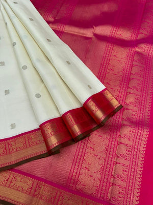 Colours of Navarathri 2025 on Kanchivarams - white and rani pink korvai kanchivaram is must have in our saree collection