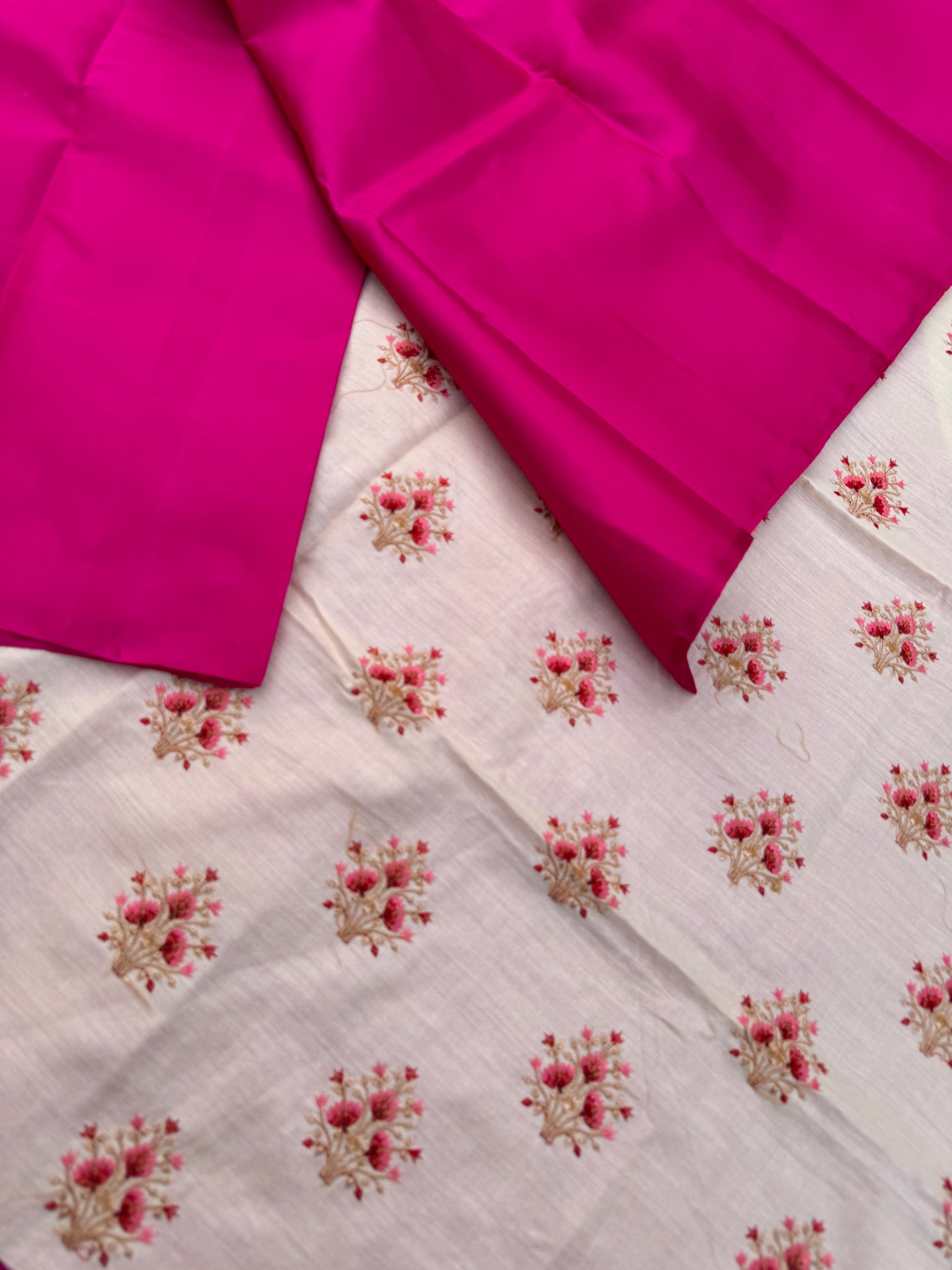 Niram - Celebrating of Full Plain Kanchivaram Silks Paired with Beautiful Blouses - Stunning rani pink saree with off white embroidery blouse