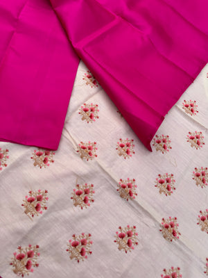 Niram - Celebrating of Full Plain Kanchivaram Silks Paired with Beautiful Blouses - Stunning rani pink saree with off white embroidery blouse