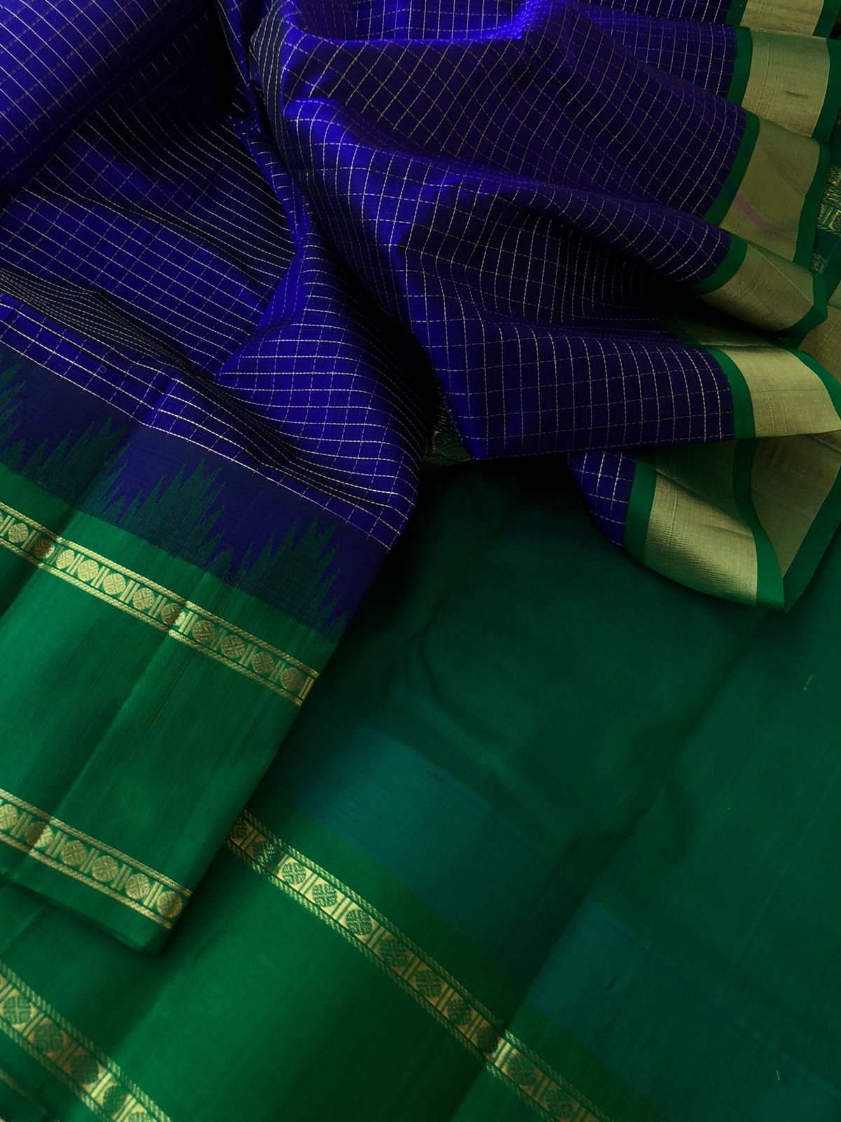 Kattams on Korvai Silk Cotton - deep ink blue and Meenakshi green zari kattam