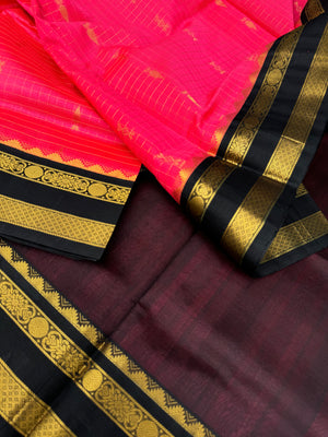 Korvai Silk Cotton - kanakambaram pink and black zari kattam buttas