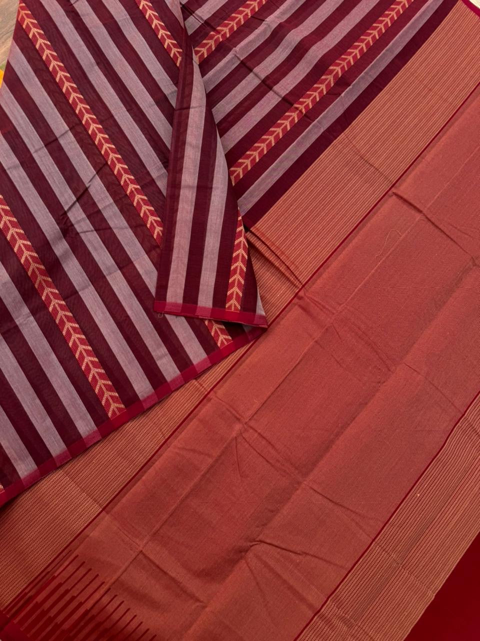 Mangalavastaram - stunning burgundy vertical ribbon striped managalavastaram will give a different look when draped