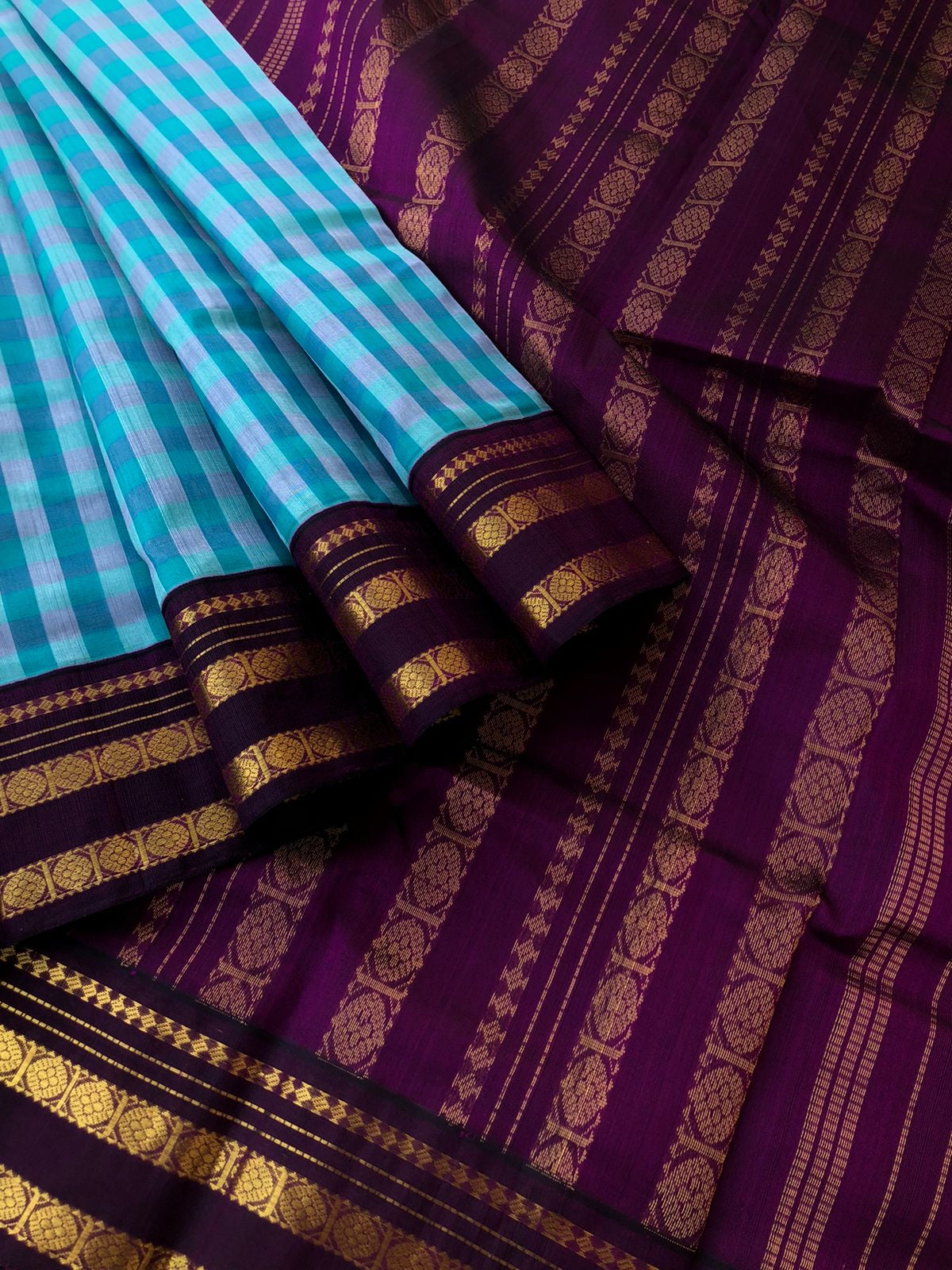 Paalum palamum kattam on Korvai Silk Cotton - turquoise blue and lavender