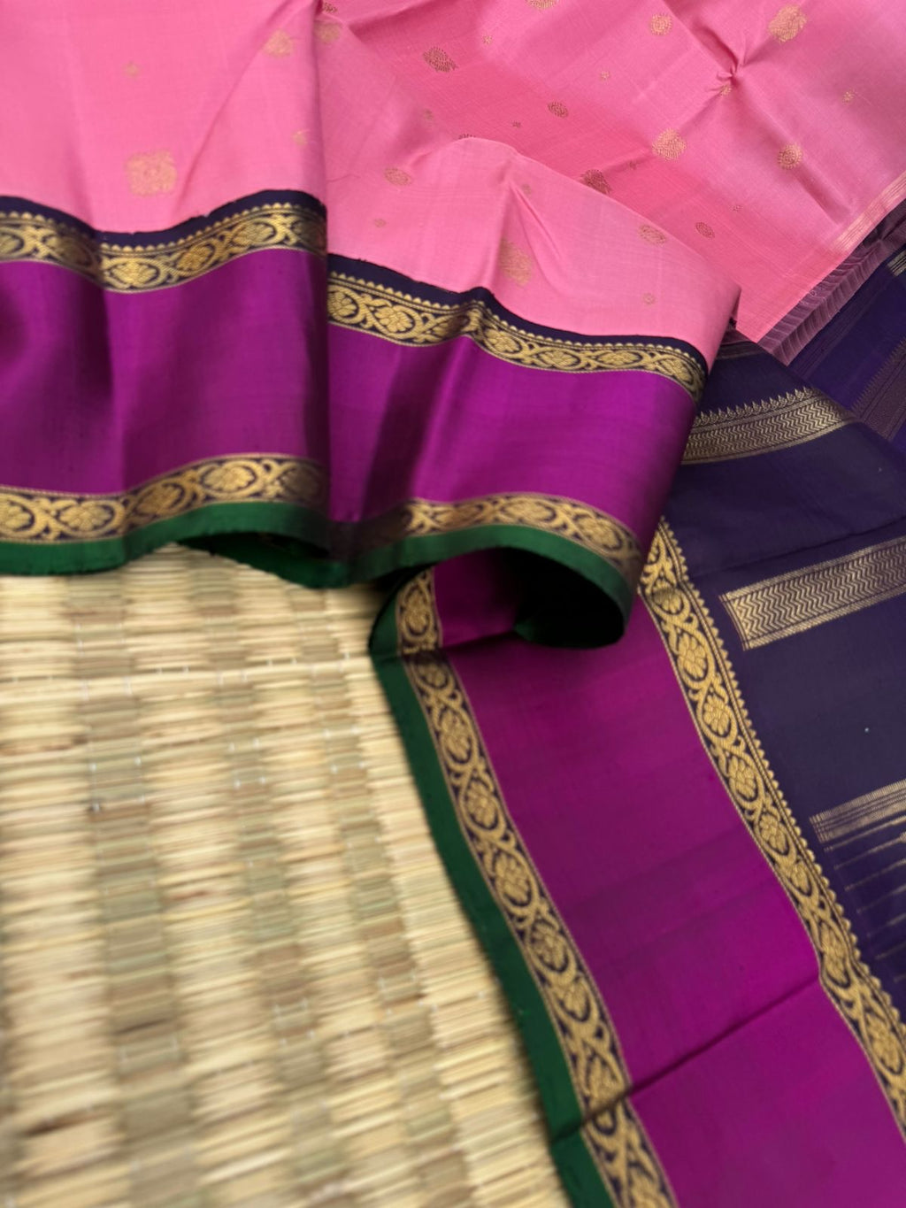 Kamakshi - Heirloom Korvai Kanchivaram - a dusky pink and navy blue pallu and blouse with retta pett woven borders