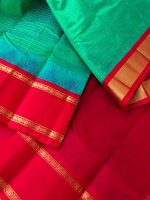 Kattams on Korvai Silk Cotton - dual tone aqua and red zari kattam