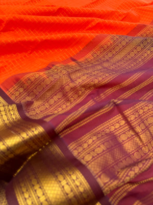 Korvai Silk Cottons - orange and burgundy zari kattam