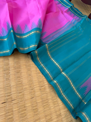 Art of Kai Korvai Kanchivaram - candy pink and teal with retta pett woven borders