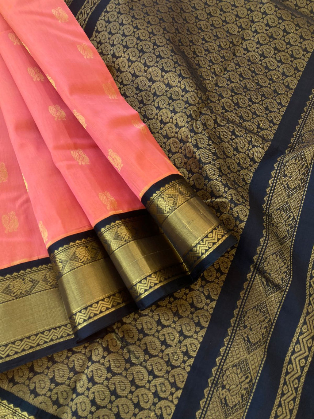 Korvai Silk Cottons - peach pink and black coffee