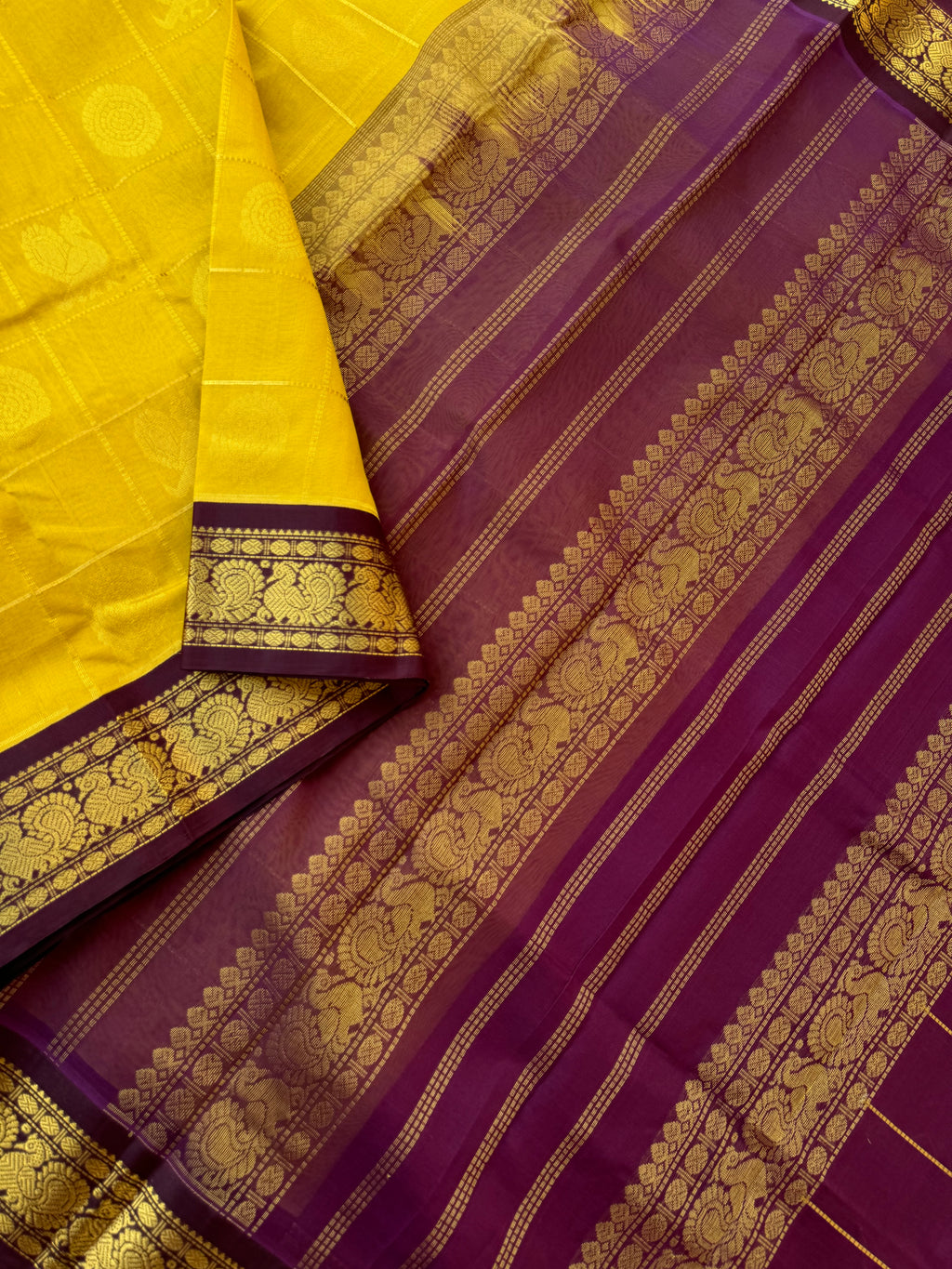 Korvai Silk Cotton - mustard and purple mayil Chackaram