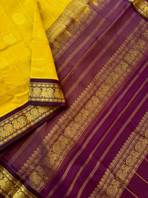 Korvai Silk Cotton - mustard and purple mayil Chackaram