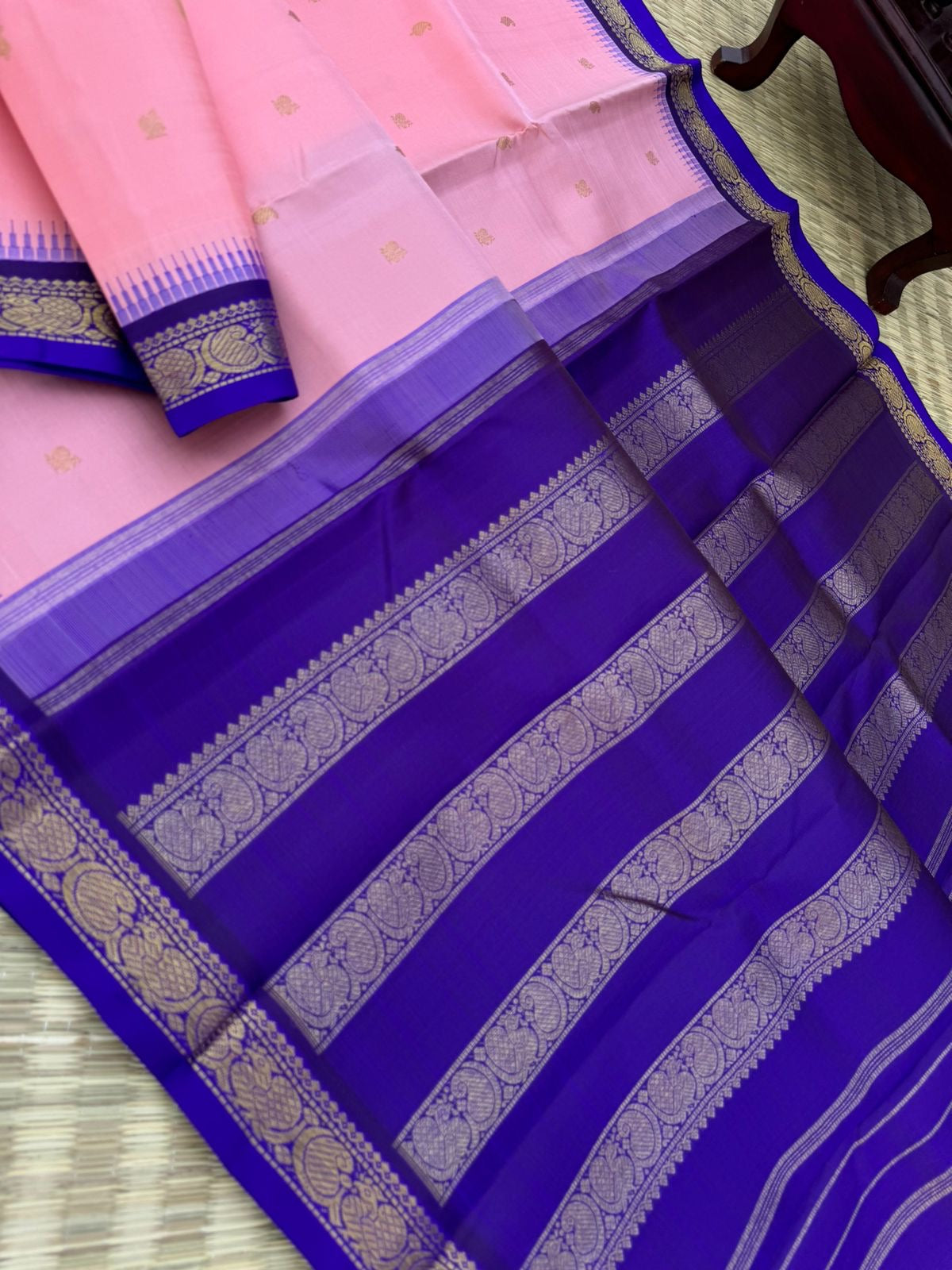 The Korvai Vibes - Authentic Korvai Kanchivaram - a stunning pastel pink and ink blue for people who love small borders