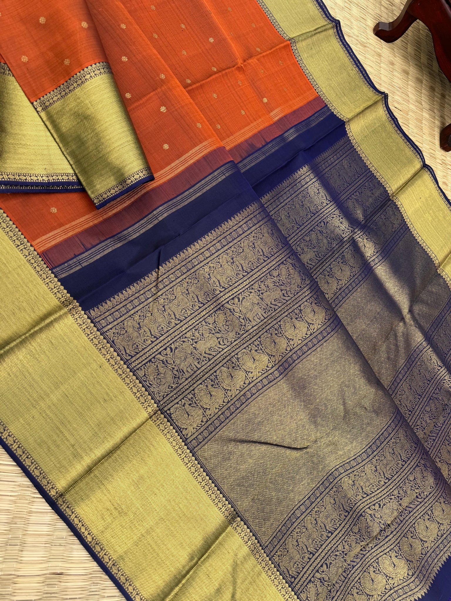 Molten Play on Kanchivaram - stunning Molten Metallic rusty caramel brown and navy blue with grander version of pallu and borders