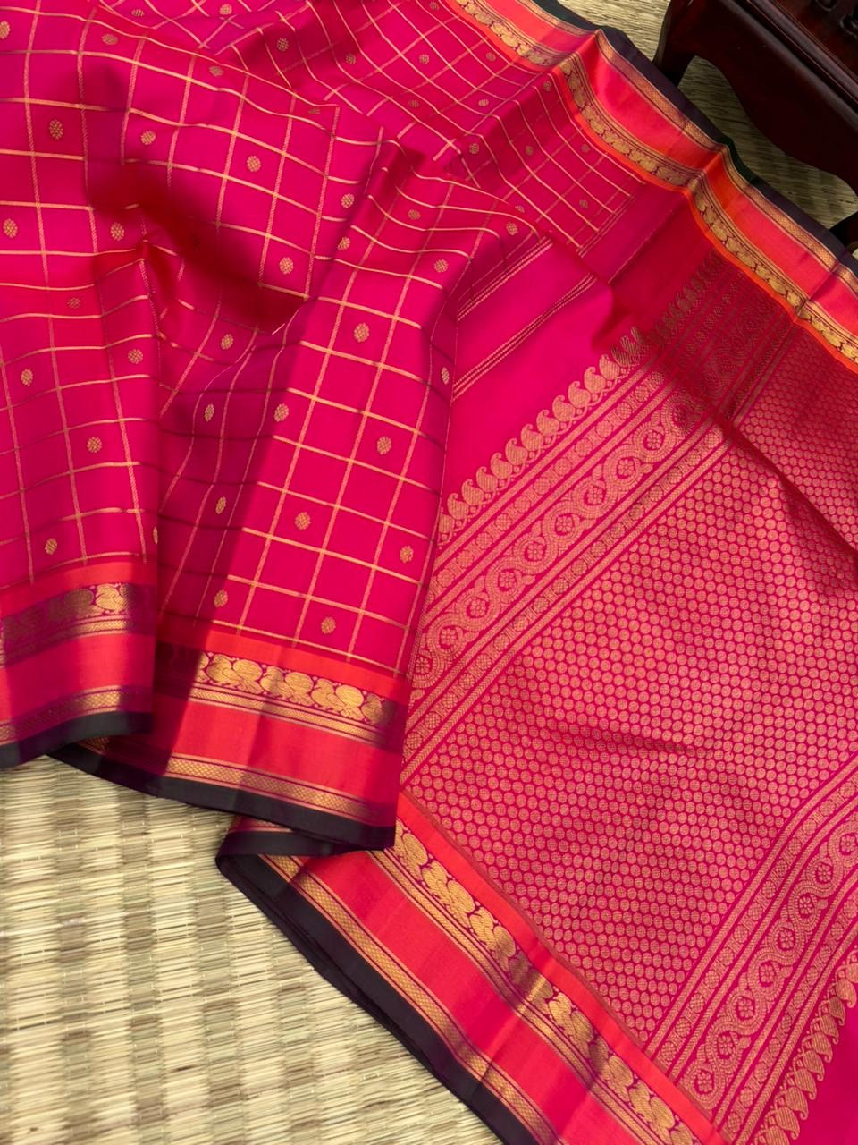 Vintage Ragas on Kanchivaram - a traditional pink with kattam and buttas body with annapakshi woven borders