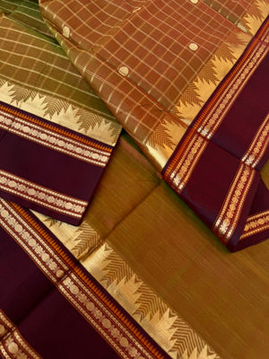 Zari Kissed Silk Cotton - unusual bronze mixed green with thalampoo woven borders