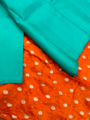 Niram - Celebrating of Full Plain Kanchivaram Silks Paired with Beautiful Blouses - a gorgeous aqua teal saree with orange bandhani silk blouse