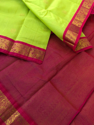 Bliss of Korvai Silk Cottons - fresh green mixed yellow and reddish pink