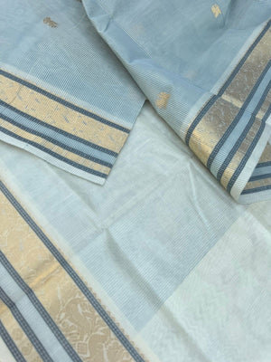 Pastels on Zari Kissed Silk Cotton - the best of best off white and powder blue invisible stripes