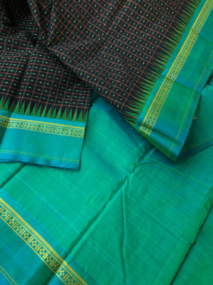 Mira - Our Exclusive Cotton body with Pure Silk Korvai Borders - mid night black blue and teal Lakshadeepam with Chettinad style pluse motifs woven borders