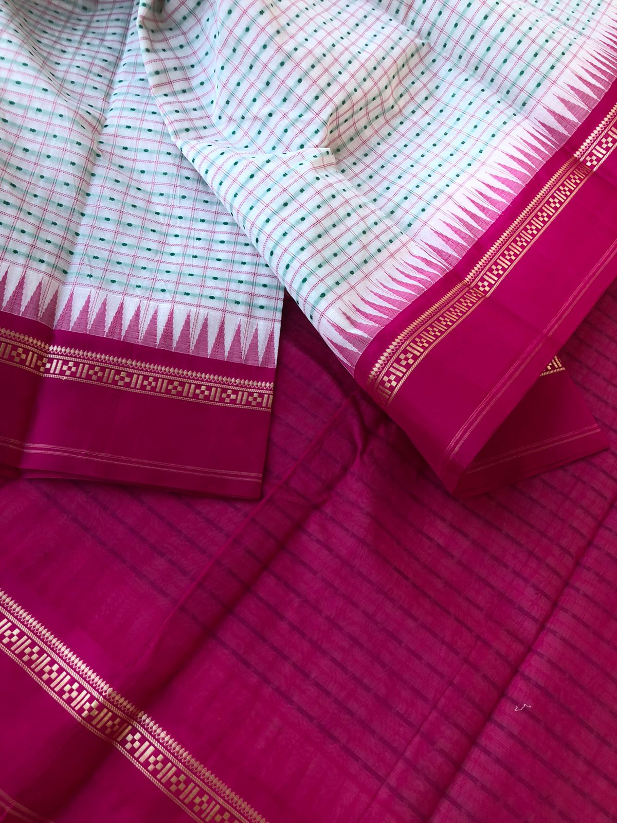 Mira - Our Exclusive Cotton body with Pure Silk Korvai Borders - off white and Indian pink with full body green tone  Lakshadeepam buttas