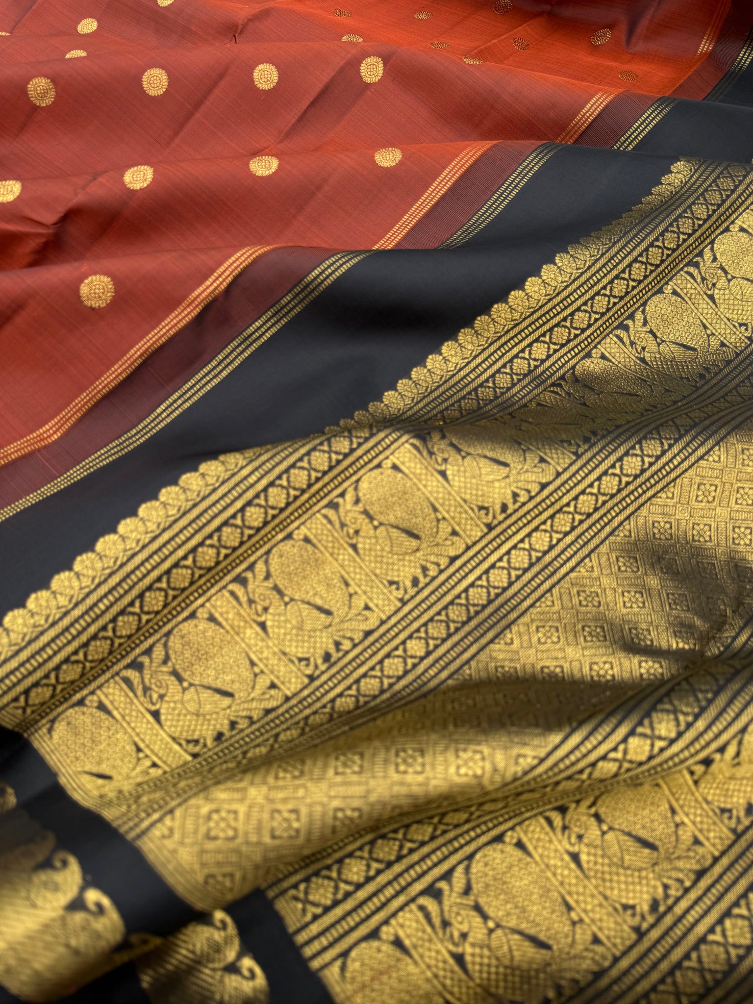 Leela - The bliss of small border Kanchivarams - most gorgeous rusty brown and black
