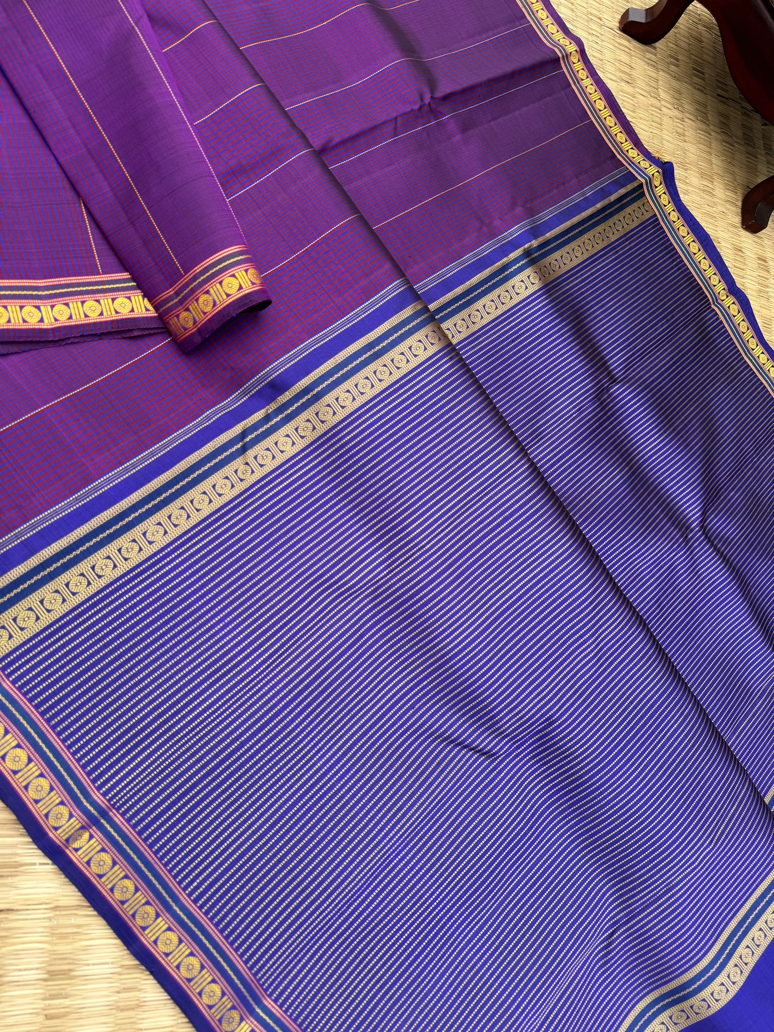 Leela - violet purple no zari small border kanchivaram with ink blue pallu and blouse