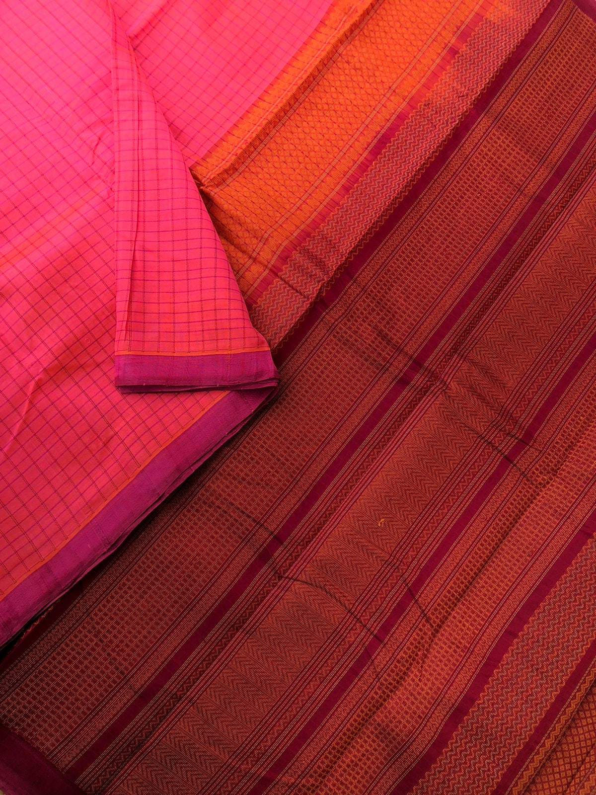 Woven Motifs Silk Cotton - bubble gum pink and maroon podi kattam