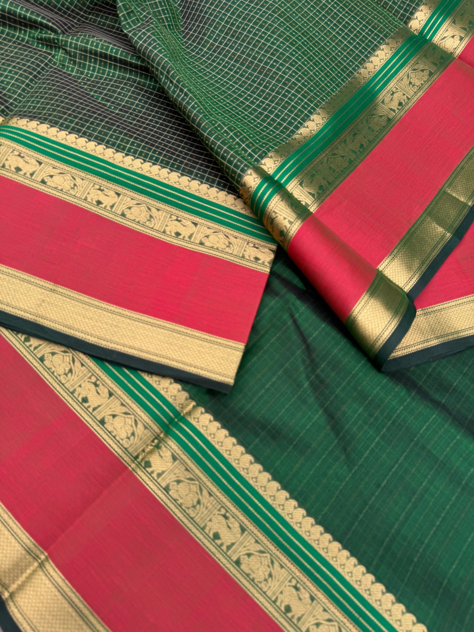 Woven Motifs Silk Cotton - a deep meenakashi green lakshadeepam