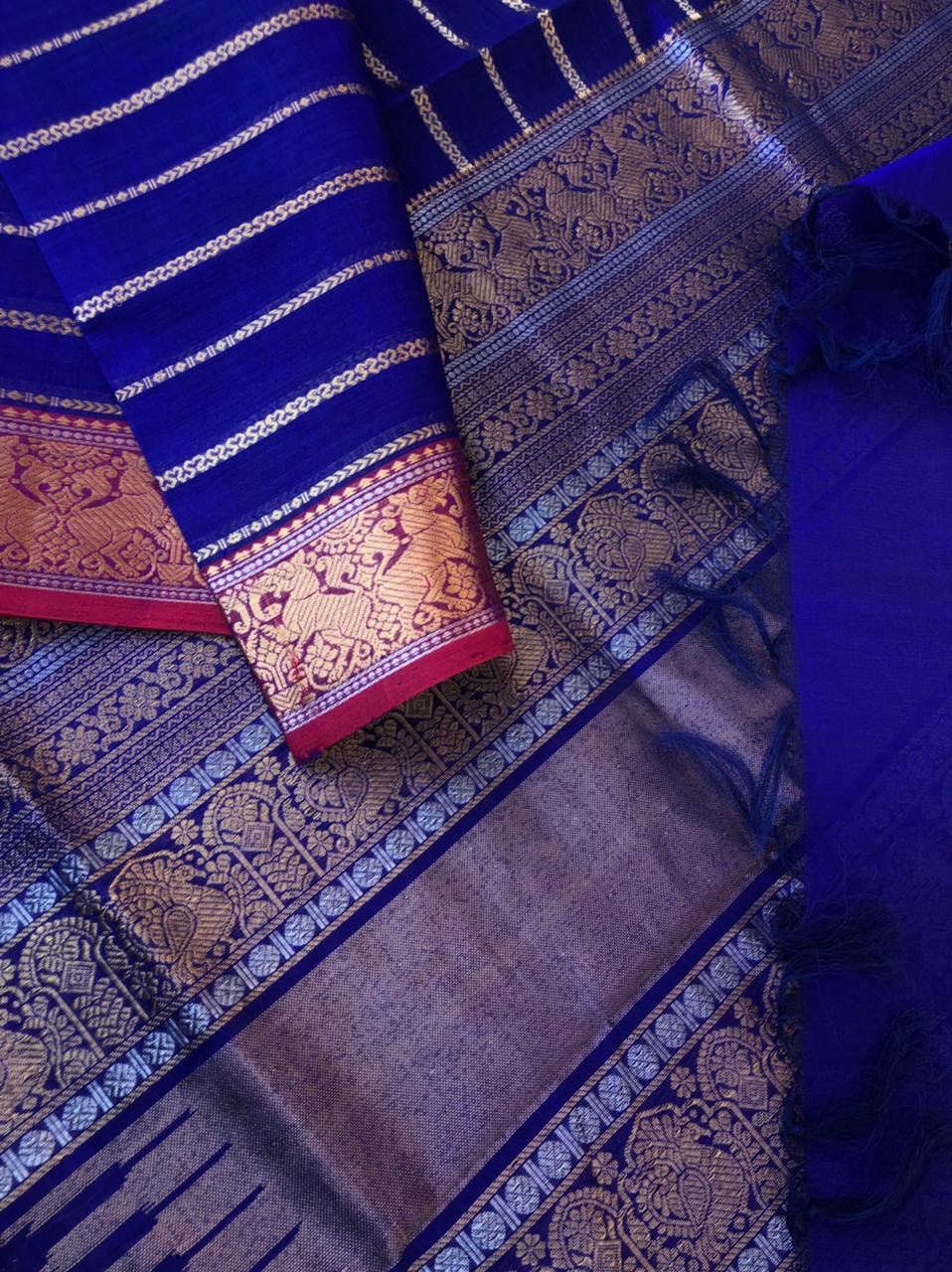 Zari Kissed Silk Cotton - stunning ms blue veldhari with gold and silver tone zari woven yali borders