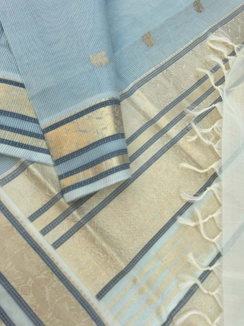 Pastels on Zari Kissed Silk Cotton - the best of best off white and powder blue invisible stripes