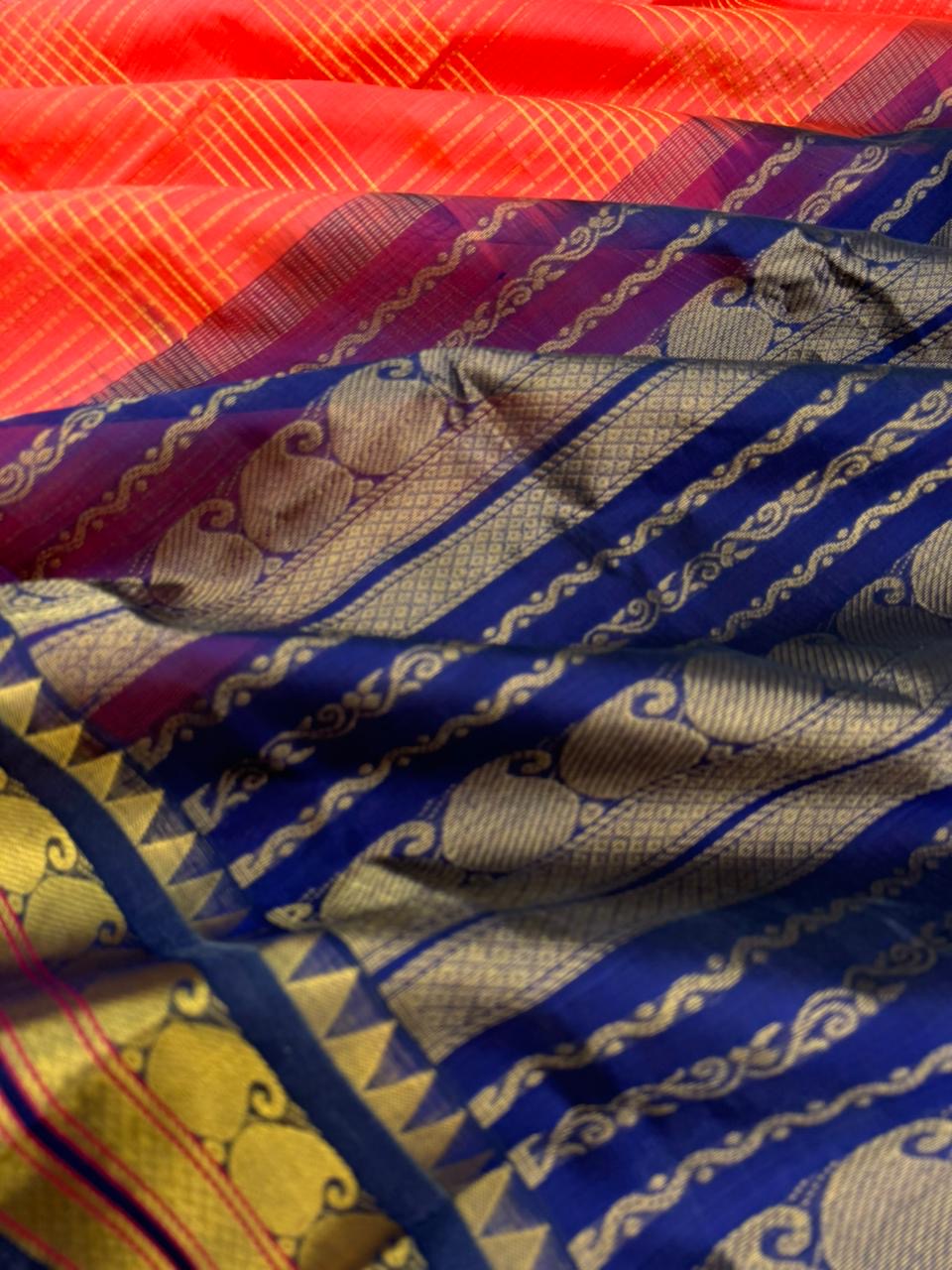 Korvai Silk Cottons - orange and navy blue zari kattam