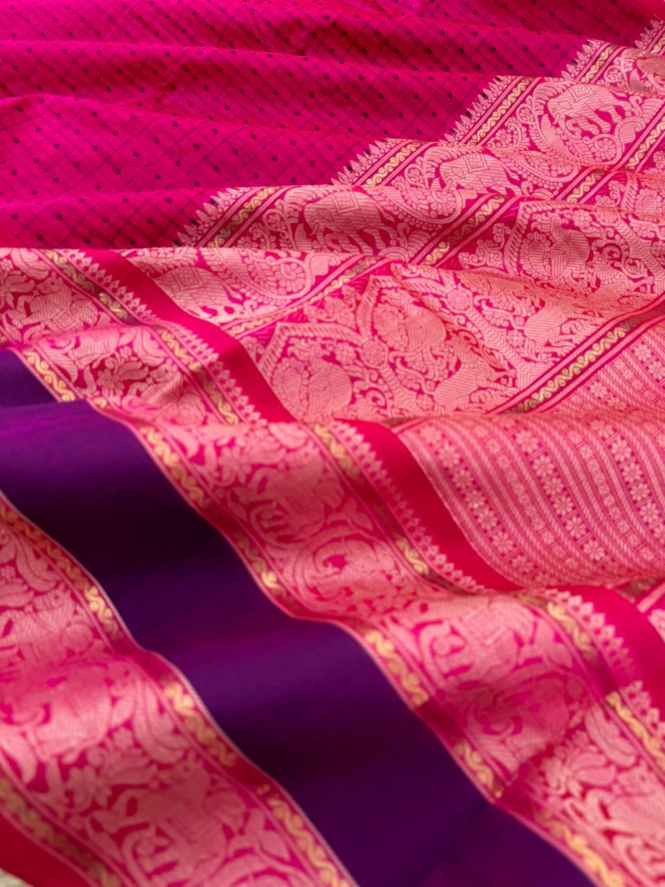 Woven Motifs Silk Cotton - deep dark pink lakshadeepam with broad borders
