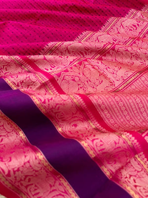 Woven Motifs Silk Cotton - deep dark pink lakshadeepam with broad borders